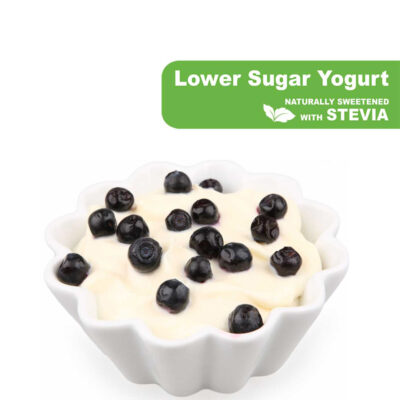 Blueberries N’ Cream Sweet and creamy, with the taste of fresh summer blueberries.  This flavor is lower in sugar (sweetened with natural Stevia) yogurt.